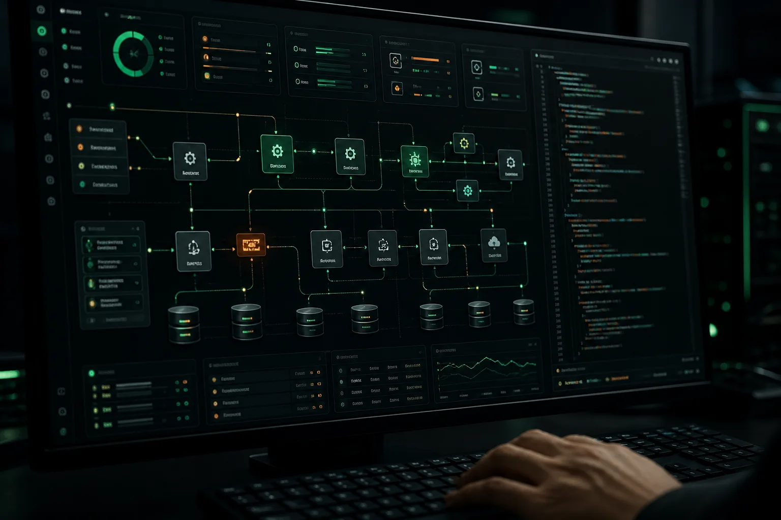 Connected software architecture showing workflows, automation and databases