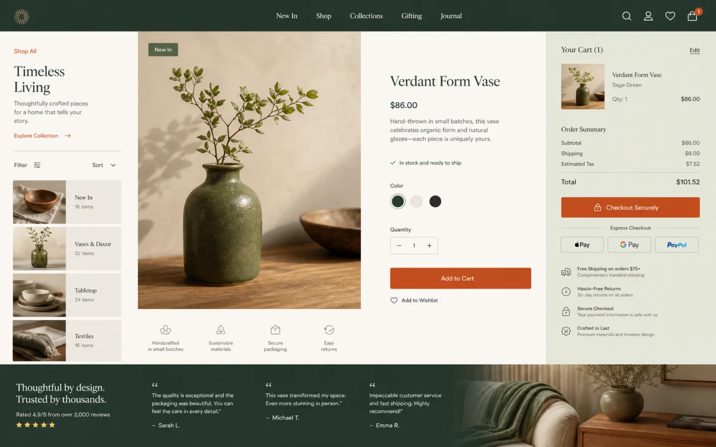 Premium ecommerce interface showing product discovery details cart and checkout