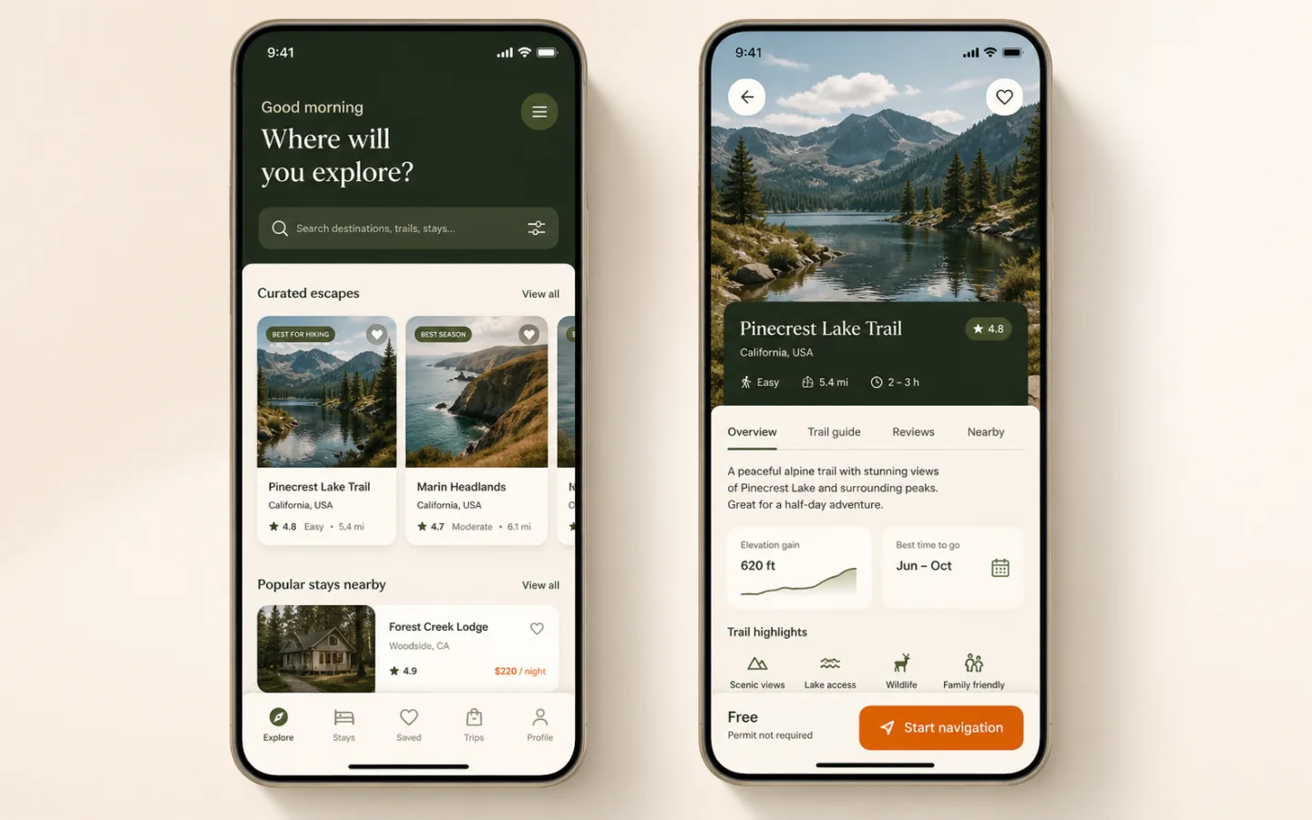 Two coordinated mobile app screens showing discovery and detail journeys