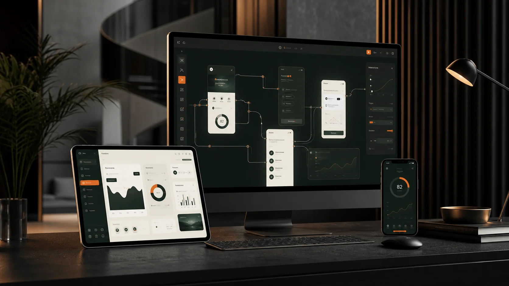 Premium product design workspace across desktop, tablet and mobile interfaces