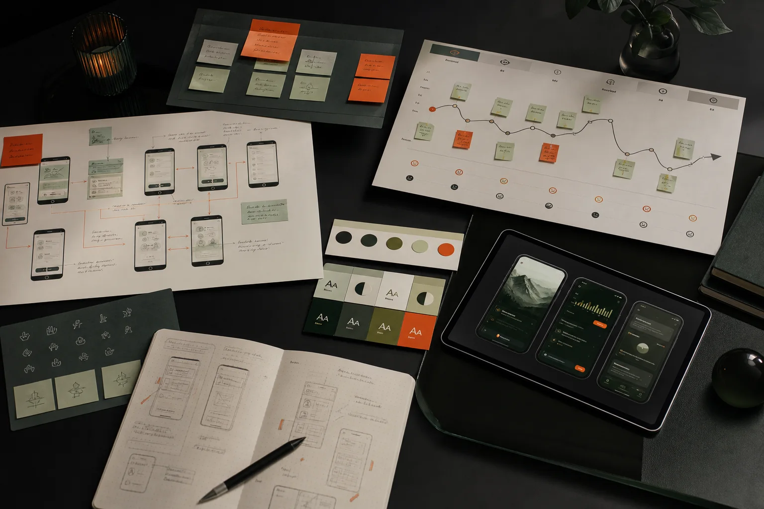 UX research artefacts, wireframes, user journeys and interface prototypes